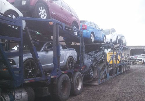 grupo de autos siendo colocados sobre madrina nodriza sobre tierra para transportarlos sin rodar hacia su destino en tramitadora ayala